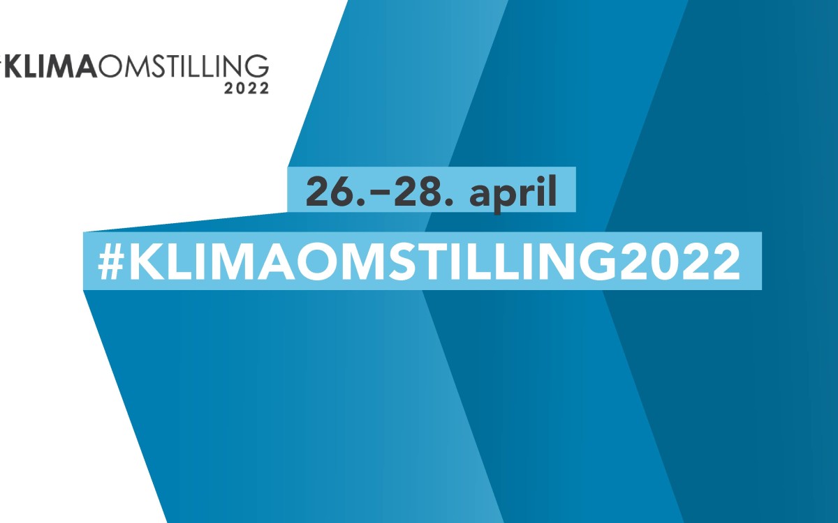 banner med blå og kvit farge og tekst oppå: "Klimaomstiling2022" og datoen 26.-28. april