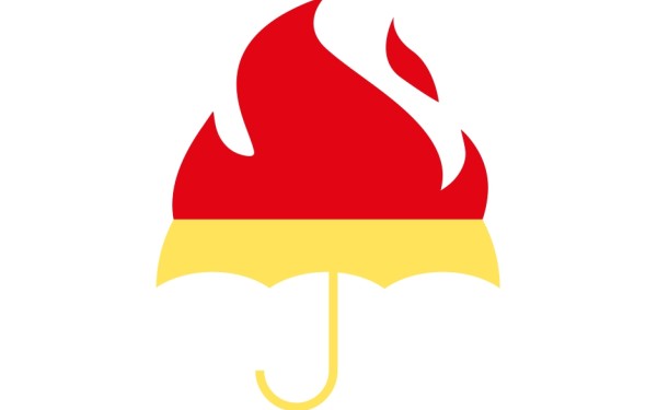 Teikning av ein gul paraply med flammer på toppen i raudt
